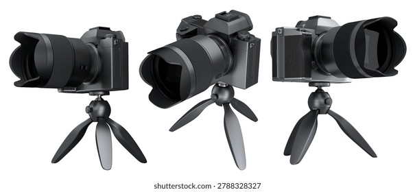 Concept of nonexistent silver DSLR camera with macro lens and tripod isolated on a white background. 3D rendering and illustration of professional photography gear for live studio photo shooting