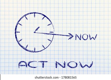 concept of not wasting time, clock with hand towards the writing Now