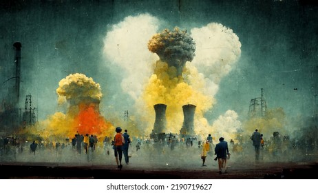 Concept Of Nuclear Explosion, War Weapons Of Mass Destruction. Abstract People On Exploded Factory Background. 