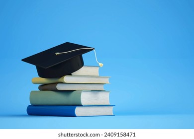 concept of obtaining higher education. stack of books and graduate cap on a blue background. 3d render. illustration. - Powered by Shutterstock