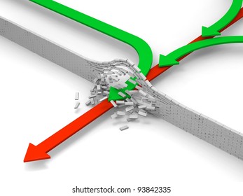 Concept of one leader breaking through an obstacle followed by others