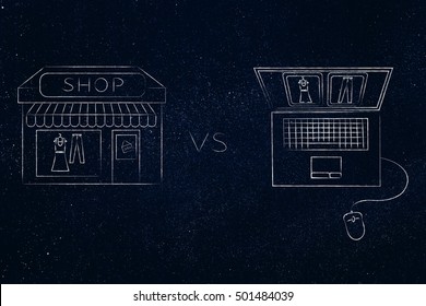 Concept Of Online Shops Vs Physical Store: Illustration Brick And Mortar Place Next To Computer With The Same Items On A Website