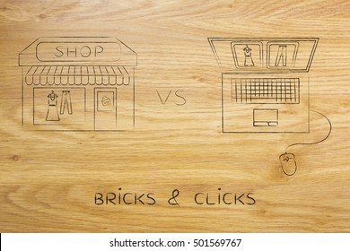 Concept Of Online Shops Vs Physical Store: Illustration Brick And Mortar Place Next To Computer With The Same Items On A Website