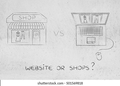 Concept Of Online Shops Vs Physical Store: Illustration Brick And Mortar Place Next To Computer With The Same Items On A Website