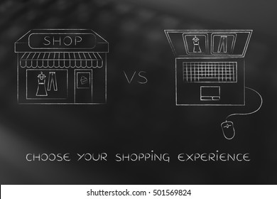 Concept Of Online Shops Vs Physical Store: Illustration Brick And Mortar Place Next To Computer With The Same Items On A Website