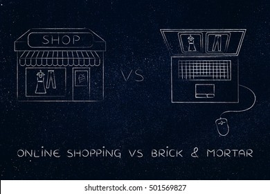 Concept Of Online Shops Vs Physical Store: Illustration Brick And Mortar Place Next To Computer With The Same Items On A Website