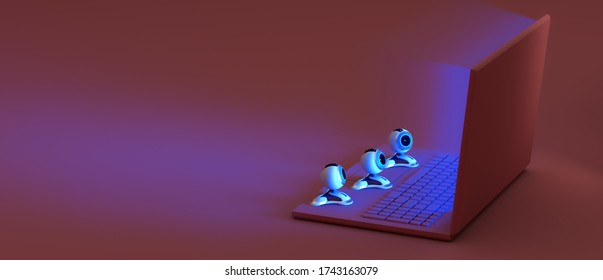 Concept Of Online Virtual Event, Visitors, Viewers Watching Online Movie, Exhibition, Museum, Theatre, Webinar, Course From Home. 3d Rendered Pink Laptop With Web Cameras Watching The Blue Screen