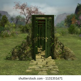 Concept Of An Open Magical Door Or Doorway Leading Into Infinity. Door Into A New World. 3d Render