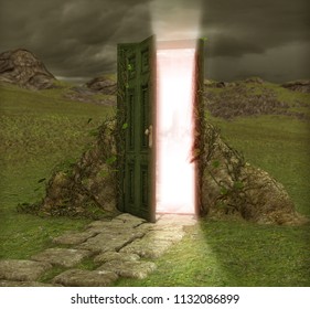 Concept Of An Open Magical Door Or Doorway Leading Into A New World. 3d Render