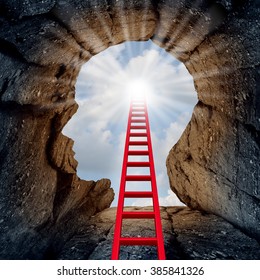 Concept of open mind as a a deep mountain cliff shaped as a human head with a ladder leading to the outside towards a glowing sun as a psychology and mental health metaphor for spiritual discovery.