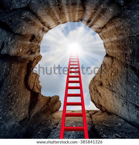 Concept of open mind as a a deep mountain cliff shaped as a human head with a ladder leading to the outside towards a glowing sun as a psychology and mental health metaphor for spiritual discovery.