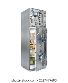 Concept Of An Opened Fridge With A Safe Door And Food In It, Isolated On White Background, 3d Illustration