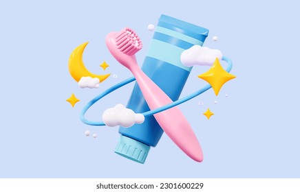 The concept of oral care before going to bed. Toothpaste with a toothbrush with the image of the moon and stars. In cartoon style. 3d rendering illustration. - Powered by Shutterstock