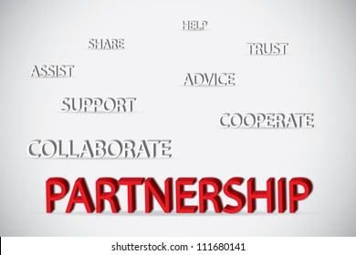 Concept of partnership consists of help, share, trust, assist, advice, support, cooperate and collaborate