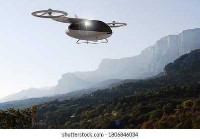 The Concept Of A Passenger Drone Flying Over Mountainous Terrain. Transport Of Future. Air Taxi. Photo With 3d Rendering Object