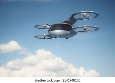 The Concept Of A Passenger Drone. Transport Of Future. Air Taxi. 3d Render