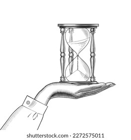 Concept passing time  Female hand and retro hourglass  Vintage engraving stylized drawing 