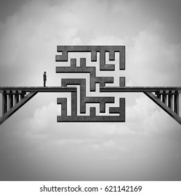 Concept Of Path Challenge As A Businessman On A Bridge With A Maze Blocking The Passage To The Other Side As A Metaphor For Solving Adversity With 3D Illustration Elements.