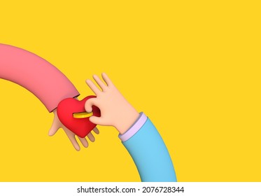 Concept of Patronage and Donation. Hand holds a moneybox in the shape of a heart other hand puts a coin there. 3d illustration on yellow background. - Powered by Shutterstock