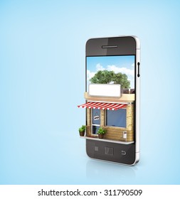 Concept of phone online store. Online store mobile flat design. Beautiful shop in the screen of phone.