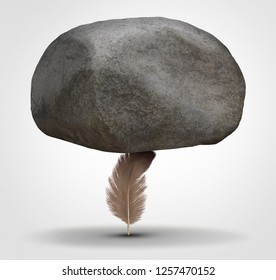 Concept of potency and stability as a potent health symbol or business metaphor for tenacity and stability as a feather hiolding a huge rock in a 3D illustration style.