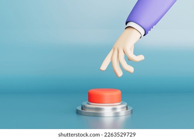 the concept of pressing the panic button. a hand that reaches for a red button on a blue background. 3D render.