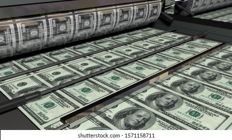 Concept Printing Money. Metal Press. 100 Dollar Bills Closeup. 3D Rendering.