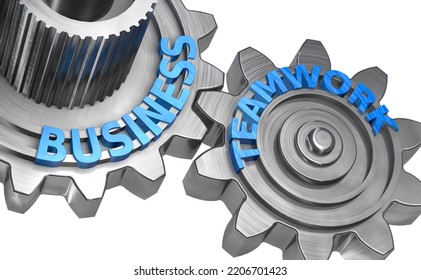 Concept Of Process Improvement And Business Teamwork.Team Work In The Company And Streamlining Process With Metal Gear Mechanism Background.3d Illustration.