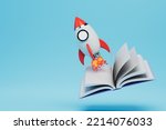 the concept of rapid learning. an open book and a rocket taking off on a blue background. copy paste. 3D render.