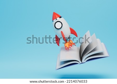the concept of rapid learning. an open book and a rocket taking off on a blue background. copy paste. 3D render.