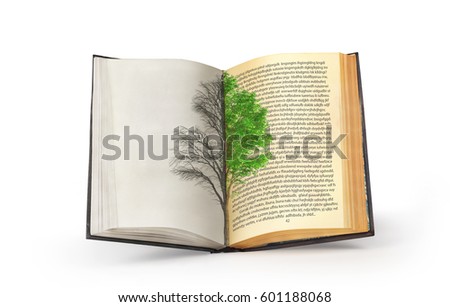 The concept of reading. Dual tree published in an open book. The concept of acquiring knowledge.