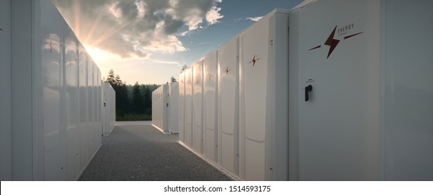 Concept of renewable energy battery storage system in nature. 3d rendering