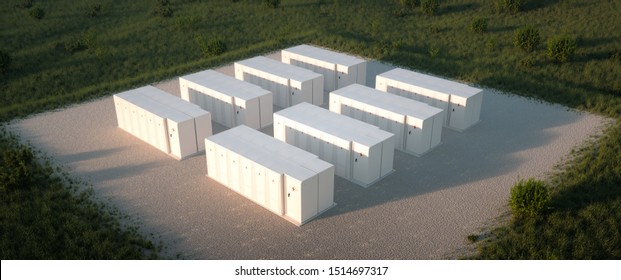 Concept Of Renewable Energy Battery Storage System In Nature. Drone Isometric View. 3d Rendering