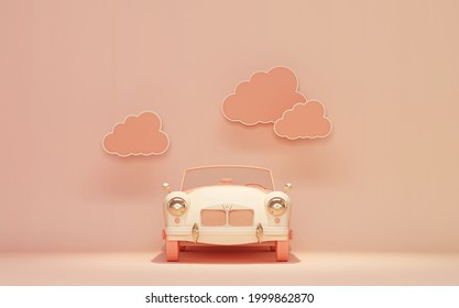 Concept Retro Car With Clouds. Stylized, Toy Looking Vintage Car. Pastel Cream And Pink, Coral Colors Scene.  3D Rendering For Web Page, Studio, Presentation Or Picture Frame Backgrounds.
