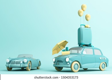 Concept Retro Car With Luggage Surrounded By Travel Equipment In Green Color Tone. 3d Rendering