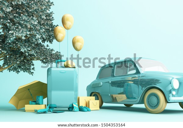 Concept retro car with luggage\
surrounded by travel equipment in green color tone. 3d\
rendering