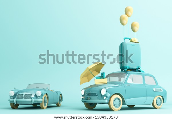 Concept retro car with luggage
surrounded by travel equipment in green color tone. 3d
rendering