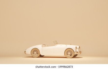 Concept Retro Car. Stylized, Toy Looking Vintage Car. Pastel Cream And Beige Colors Scene.  3D Rendering For Web Page, Studio, Presentation Or Picture Frame Backgrounds.
