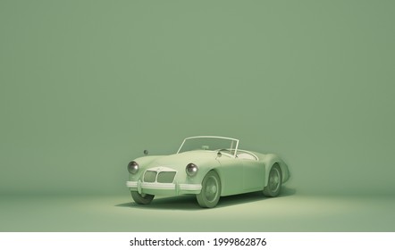 Concept Retro Car. Stylized, Toy Looking Vintage Car. Pastel Blue And Green Colors Scene.  3D Rendering For Web Page, Studio, Presentation Or Picture Frame Backgrounds.
