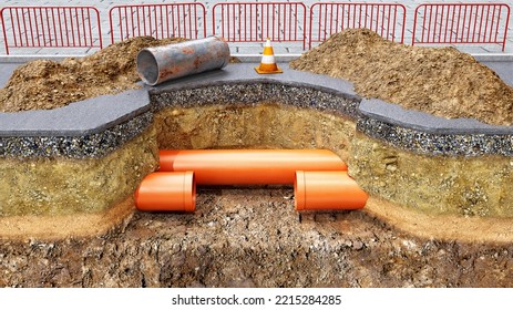 Concept Of Road Works And Underground Pipes Renovation,  3d Illustration