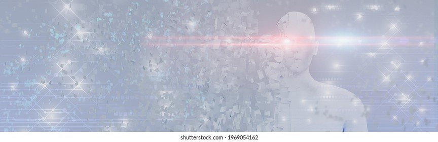 Concept robot Artificial intelligence or AI,digital deep learning technology,analysis operating system,with automated mechanical brain,and shattered into pieces,3d rendering illustration,banner header
