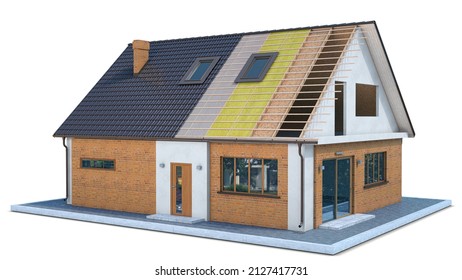 Concept of roofing living house isolated on the white background. 3d illustration