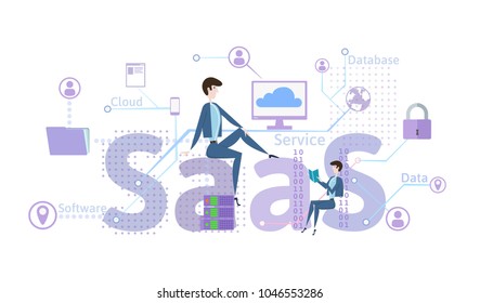 Concept of SaaS, software as a service. Cloud software on computers, mobile devices, codes, app server and database. Illustration in flat style, isolated on white background. Raster version.
