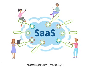 Concept of SaaS, software as a service. Men and women work in the cloud software on computers and mobile devices. illustration, isolated on white background. Raster version.