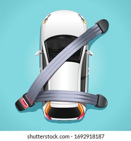 Das Konzept der Sicherheit im Auto. Ein weißes Auto auf blauem Hintergrund ist mit Sicherheitsgurten versehen und vor Unfällen geschützt.