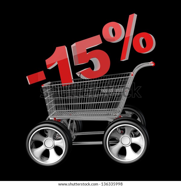 Concept SALE discount percent.\
shopping cart with big car wheel High resolution 3d\
render