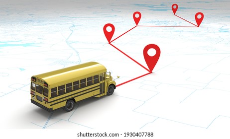 Concept School Bus Route On The Map. 3d Rendering