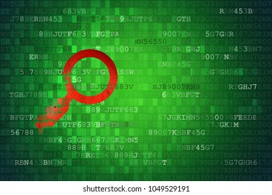 Concept of search of the information in computer networks. Illustration of magnifier icon on green tech screen with copy space.