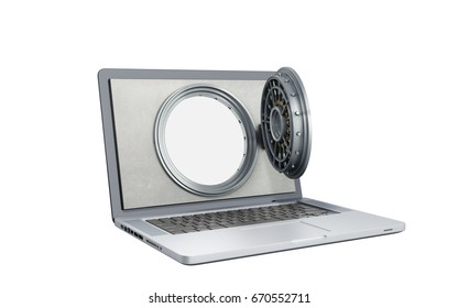 The concept of a secure online banking the open door of the bank vault on the monitor screen 3d render on white no shadow