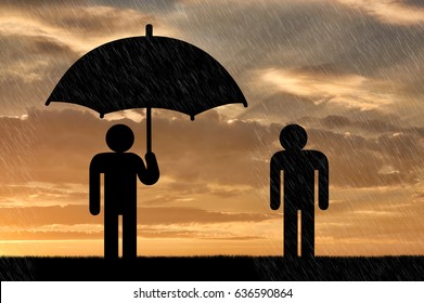 Concept Of Selfishness And Greed. Man Under An Umbrella And A Man In Rain